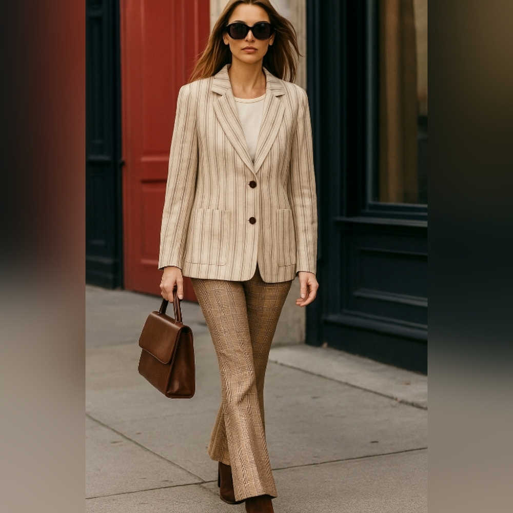 Frank and Oak🐞Cream Neutral Hemp Stripe Relaxed Fit Blazer with Pockets Sz:XS,S